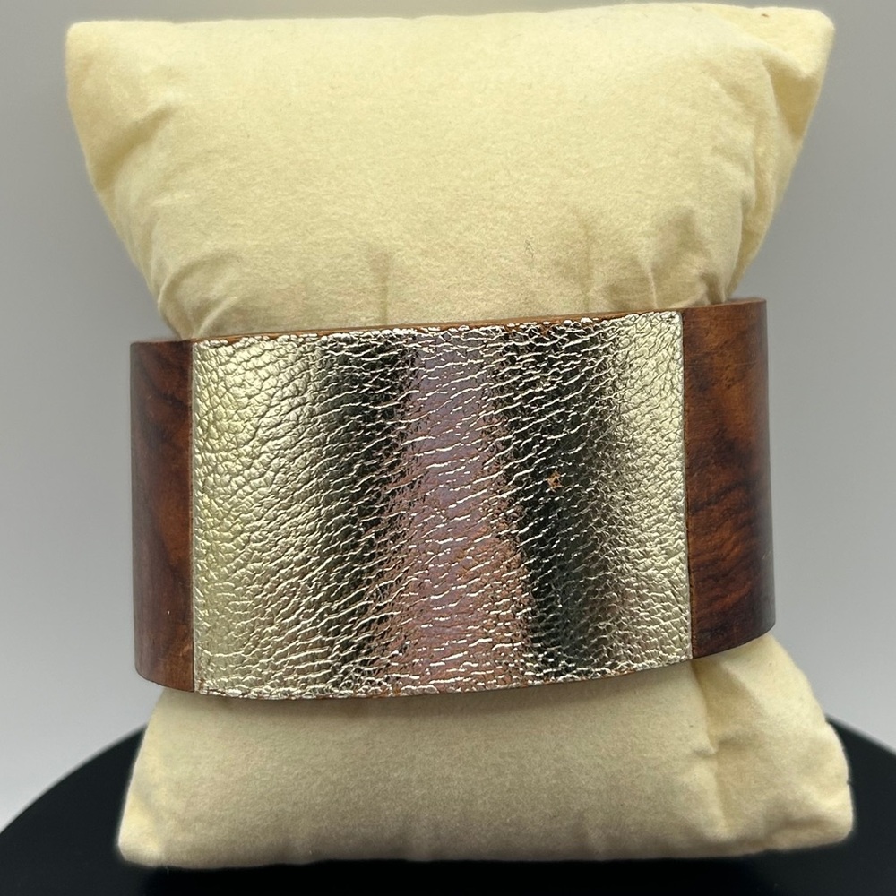 Vintage Textured Gold and Brown Carved Wooden Cuff Bracelet